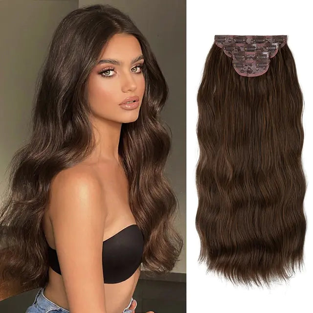 Model with long, wavy dark brown hair beside a matching clip-in hair extension in medium-to-dark brown, on a white background.
