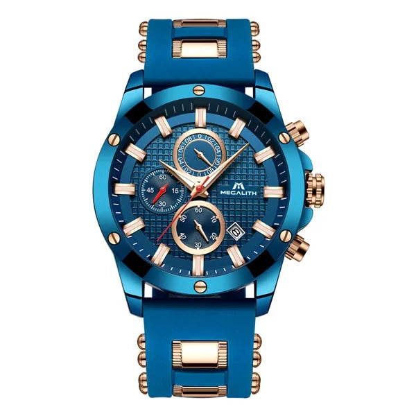 Blue analog chronograph wristwatch with a textured blue dial, three subdials, rose-gold tone hour markers and hands, a date window, and a blue rubber strap with rose-gold hardware, shown on a white background.