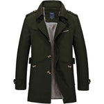Dark green men’s trench-style coat with a wide lapel collar, shoulder epaulets, button front, zip chest pocket, and checkered inner lining, shown on a white background.