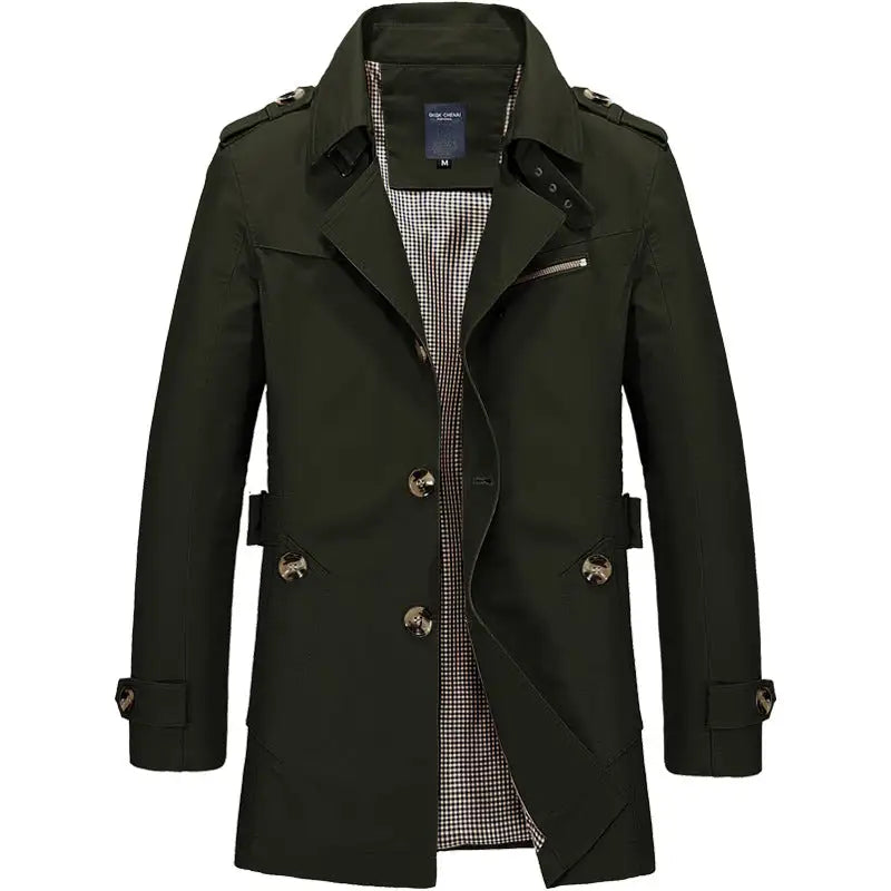 Dark green men’s trench-style coat with a wide lapel collar, shoulder epaulets, button front, zip chest pocket, and checkered inner lining, shown on a white background.