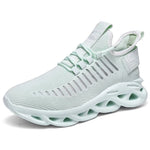 Mint green knitted trainers with hollow shock-absorbing sole.