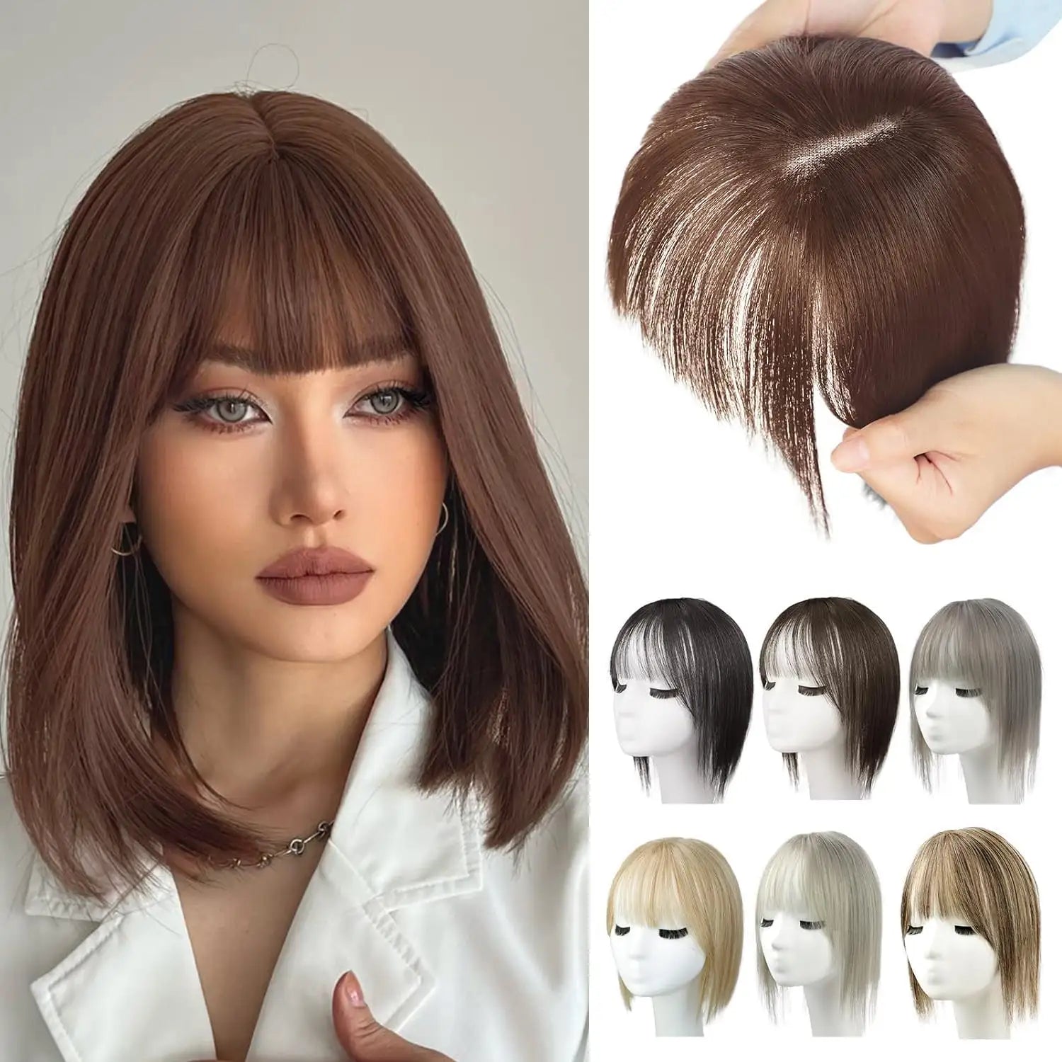 Product collage showing a woman wearing a shoulder-length brown layered wig with side-swept bangs, a close-up of the wig’s top and part held in hands, and six small color options displayed on mannequin heads.