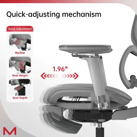 Ergonomic chair with quick-adjustment mechanism on a white background