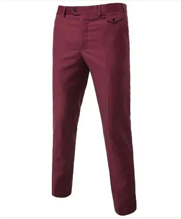 A pair of burgundy dress pants displayed against a plain white background. The pants feature a sleek, tailored fit with a button and zip closure. A small buttoned pocket is visible on the right side near the waistband, adding a subtle design element. The fabric appears smooth and slightly structured, making the pants suitable for formal or semi-formal occasions