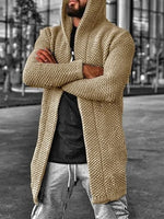Men’s beige textured hooded longline cardigan.
