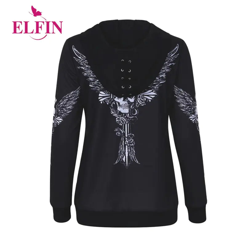 Trendy hoodie adorned with skull and angel wings design