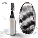 Grey hair color mascara bottle with a comb applicator, shown next to a photo of long wavy silver-grey hair.