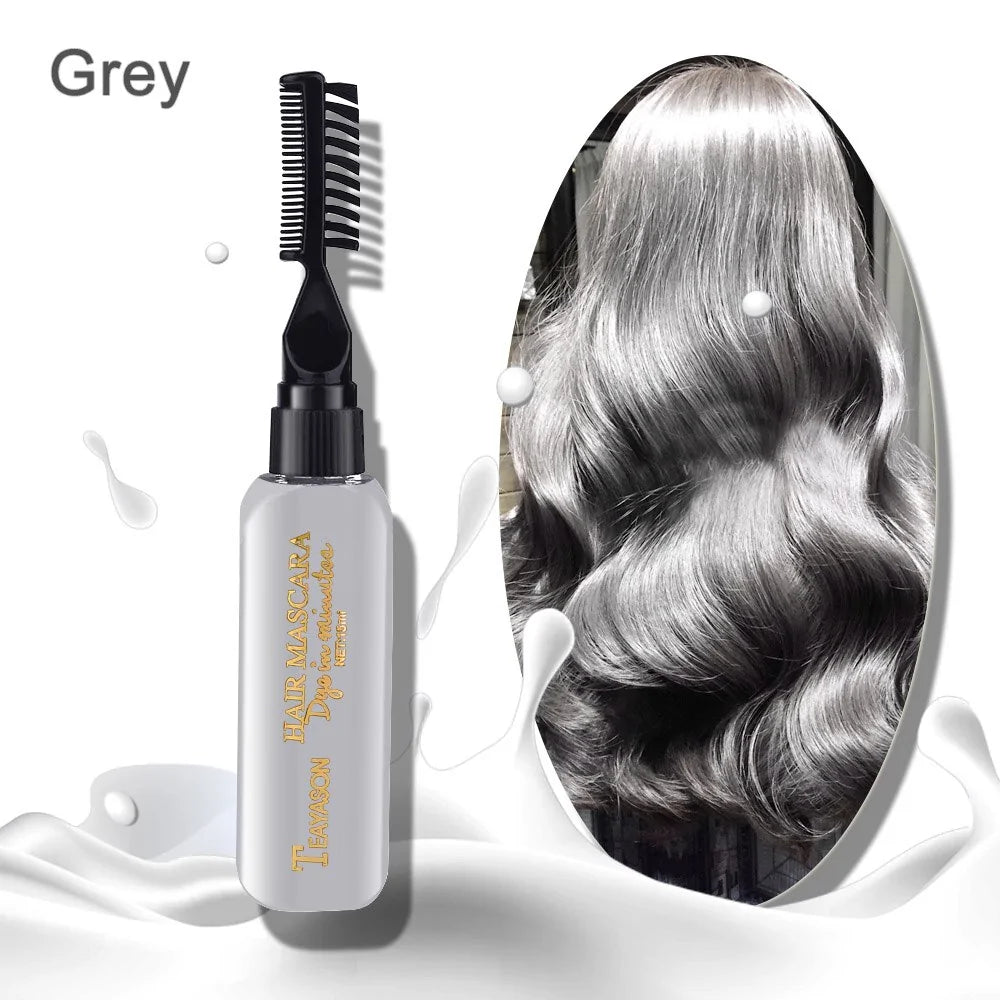 Grey hair color mascara bottle with a comb applicator, shown next to a photo of long wavy silver-grey hair.