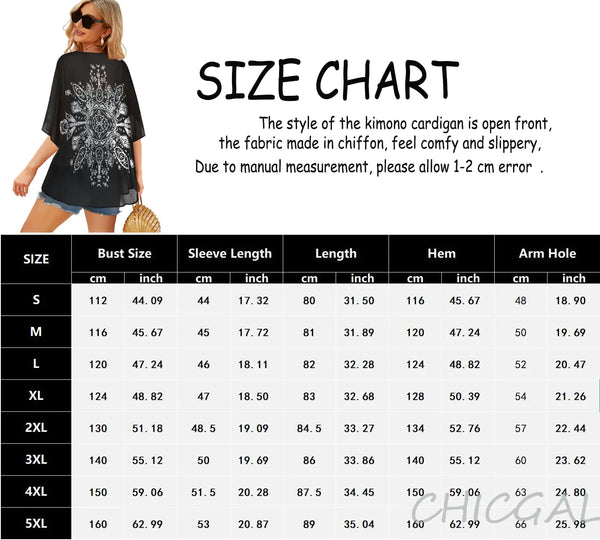 Women's Floral Print Puff Kimono Cardigan Size Chart