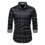 Men’s black long-sleeve checked button-up shirt.
