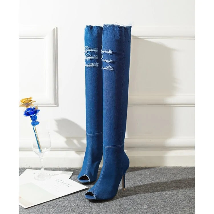 Ladies Over The Knee Denim Boots