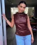 Women's Waist Slant Sleeveless Leather Top