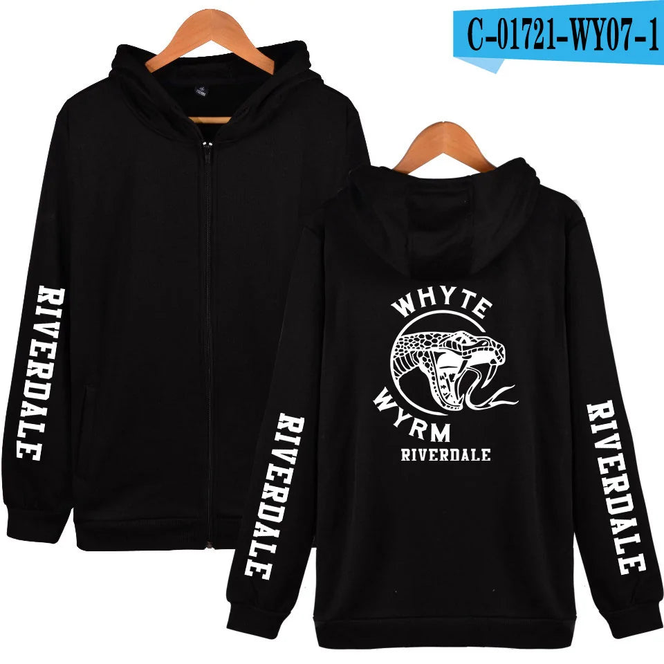 Black zip-up hoodie with a plain front, bold “Riverdale” sleeve text, and a large white serpent graphic with “Whyte Wyrm” print on the back.