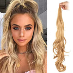 Split image showing a woman with a high half-up ponytail and long wavy blonde hair, alongside a hand holding a matching wavy blonde ponytail hair extension on a white background.