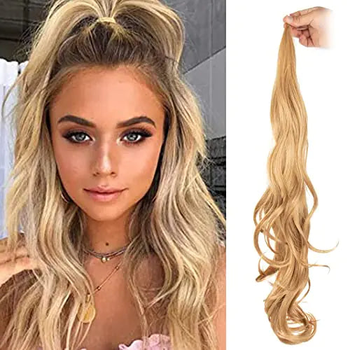 Split image showing a woman with a high half-up ponytail and long wavy blonde hair, alongside a hand holding a matching wavy blonde ponytail hair extension on a white background.