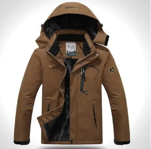 A outdoor jacket with a hood, multiple zippered pockets, and a logo on the chest and sleeve. The jacket appears to be designed for cold or wet weather, with a waterproof or windproof material.