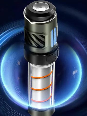 Close-up of a rechargeable flashlight shining a bright beam at night in front of a camping tent, with overlay text reading “Strong Light–Low Light” and “Second gear adjustable.”