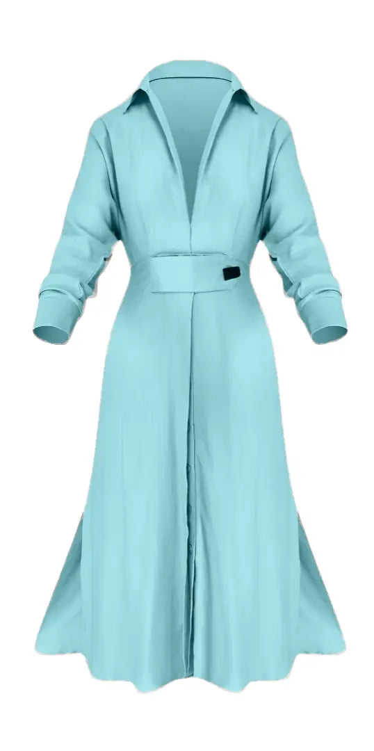 Light blue long-sleeve belted dress with a deep V-neck, collared neckline, and button-down front, designed with a flared hem and slit sides.