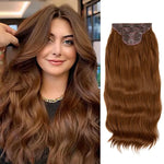 Side-by-side image showing a woman with long, wavy auburn-brown hair and a matching clip-in hair extension piece displayed from the back on a white background.
