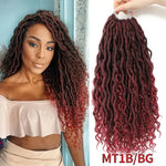 Collage showing a woman wearing long faux locs with curly ends in dark burgundy ombré, alongside a matching hair extension bundle on a white background labeled “MT1B/BG.”