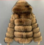 Brown hooded faux fur coat with a plush horizontal paneled design, long sleeves, and a full, cozy winter look.