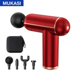 Red handheld percussion massage gun labeled ‘MUKASI,’ with rose-gold accents and a digital display showing ‘32,’ pictured with four interchangeable black massage heads.