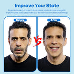 Before and after comparison of a man with text about improving state with regular nose hair cleaning.