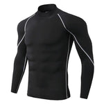Black long-sleeve compression top with contrast seam detailing.
