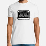 A white graphic T-shirt featuring a simple black laptop illustration and a humorous printed message about ChatGPT servers being slow because they are “trying to teach the AI how to be patient.”