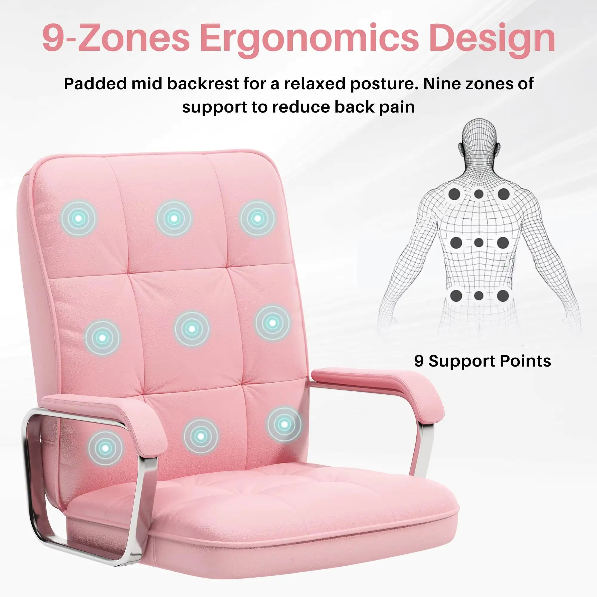 Pink massage chair with 9-zones ergonomics design and support points highlighted.