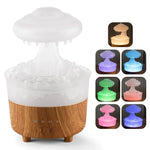 A modern humidifier shaped like a mushroom with a wooden base, emitting mist and glowing in various colors such as white, green, blue, and purple. The humidifier has buttons on the front to control the settings for time duration (2h, 4h, 8h), with colorful lighting options displayed in the right-hand corner.