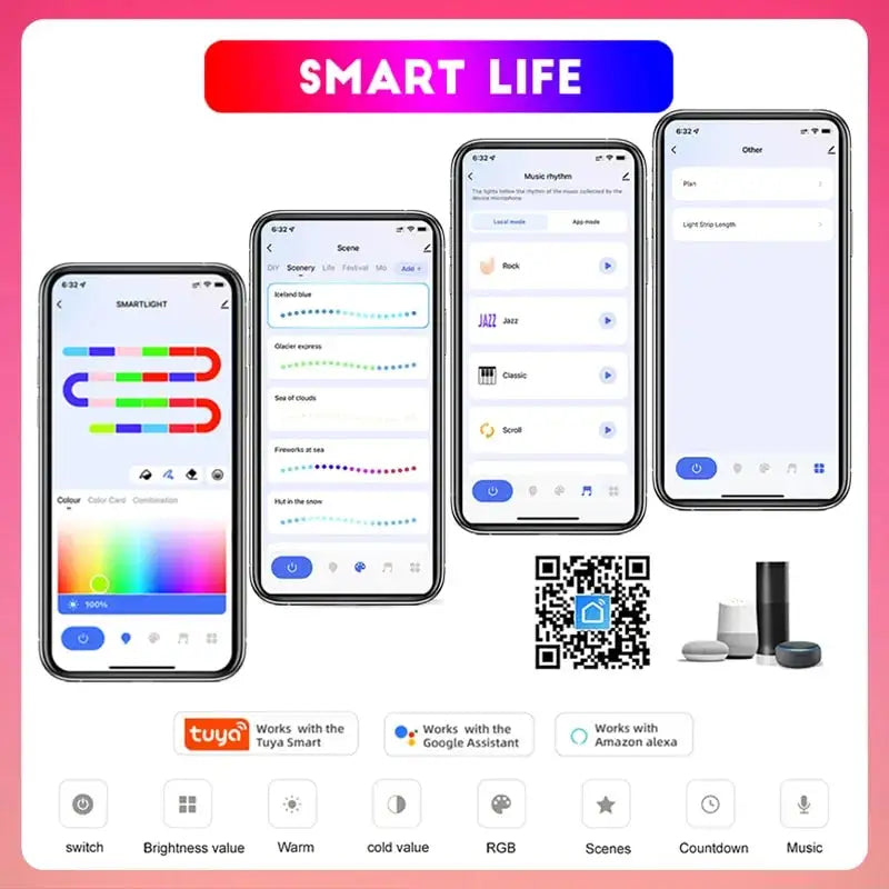 Promotional graphic for the “Smart Life” app showing four smartphone screens controlling LED lights (color, scenes, music), a QR code, and icons indicating compatibility with Tuya Smart, Google Assistant, and Amazon Alexa, plus feature icons like brightness, RGB, scenes, countdown, and music.