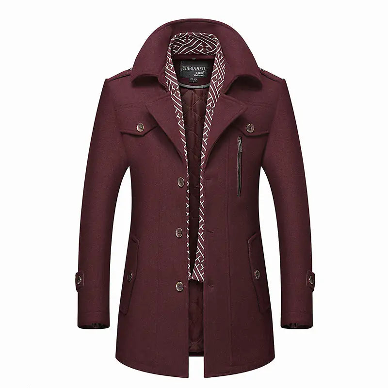 Burgundy longline coat with button front, zip chest pocket and patterned inner collar.
