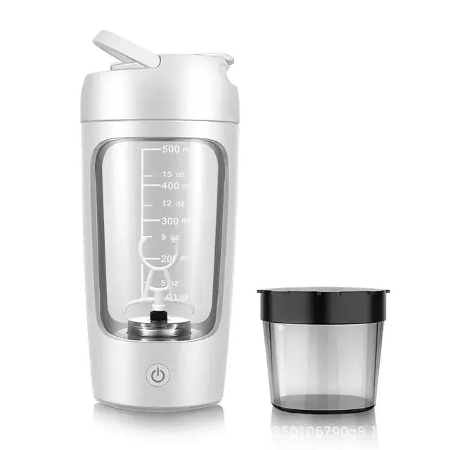 A white portable blender with a measuring scale and a separate container for blending or mixing, featuring a small stirrer inside.
