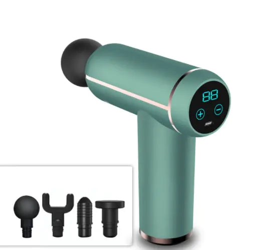 Teal handheld percussion massage gun with a black round massage head and a digital control screen showing buttons and a numeric display; inset image shows four interchangeable attachment heads.