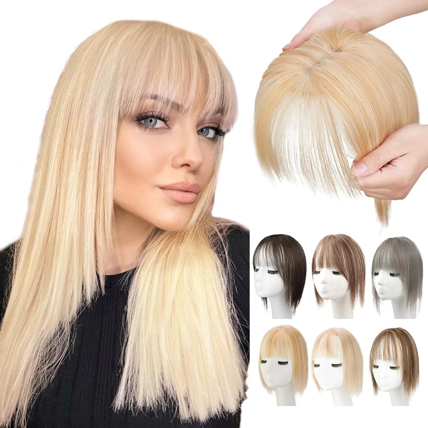 Product collage showing a woman wearing a long, straight blonde wig with full bangs, alongside a close-up of a blonde clip-in bangs hairpiece being held by two hands and small thumbnails of the bangs piece in multiple color options.