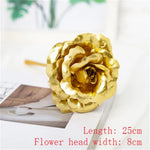 A golden artificial rose with a length of 25cm and a flower head width of 8cm, displayed on a light-colored surface with soft background details.