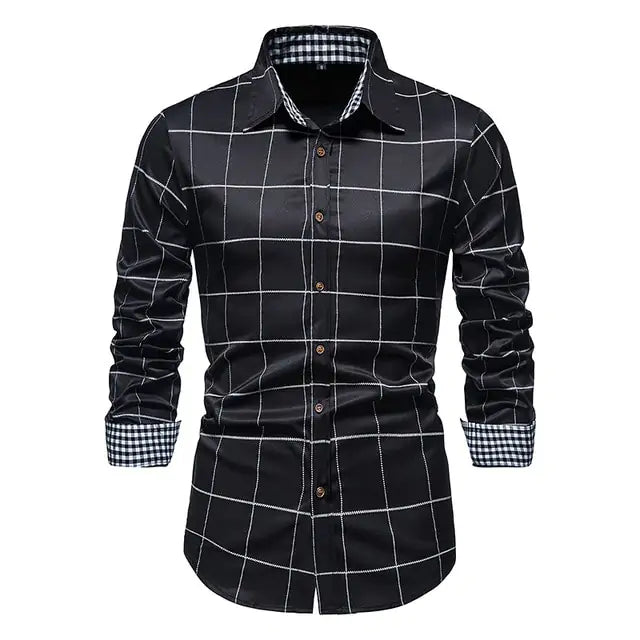 Black long-sleeve checked shirt with white grid pattern and gingham trim on the collar and cuffs.
