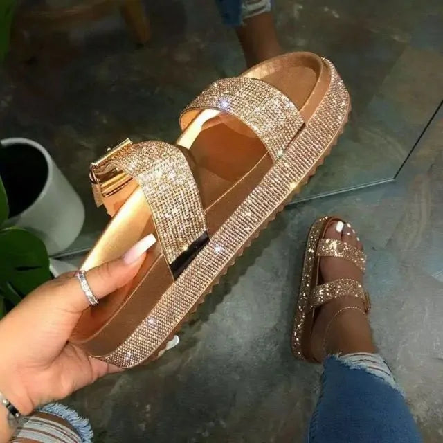 Shiny Golden Summer Flat Sandals