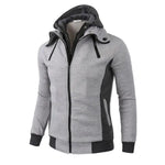 Grey zip-up hoodie with a drawstring hood, dark contrast side panels, and ribbed cuffs and hem.