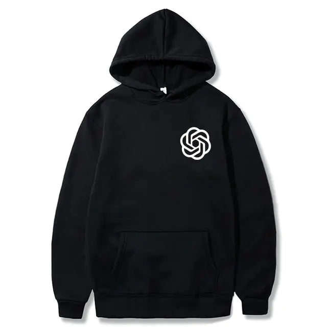 Black pullover hoodie with a front kangaroo pocket and a small white ChatGPT knot logo on the left chest, shown on a white background.