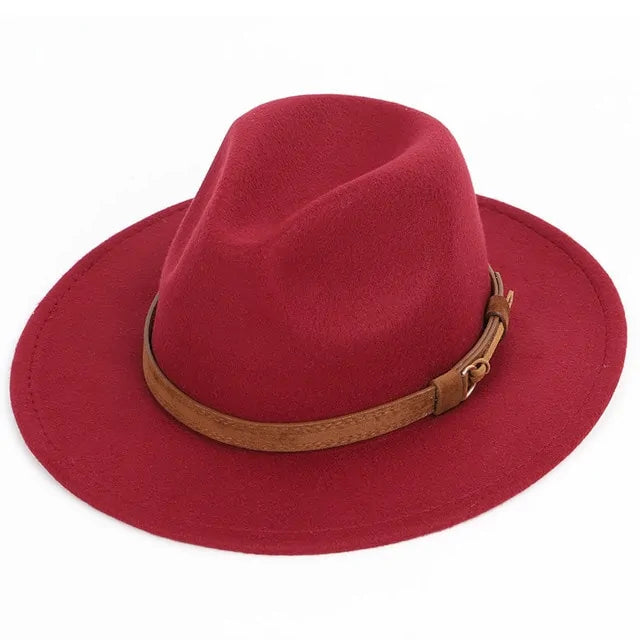 Red wide-brim fedora hat with brown belt band.