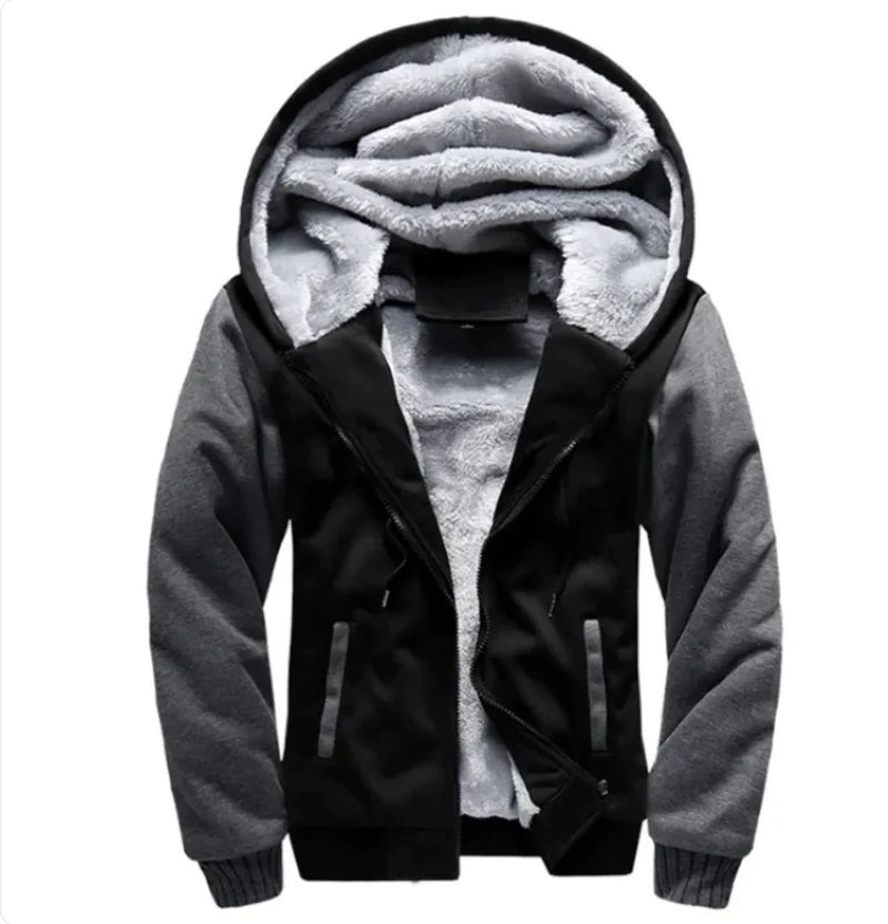 A stylish two-tone hoodie with a navy blue body and red sleeves, featuring a thick, plush gray fleece lining for warmth. The hood is large and lined with the same soft material, and the jacket includes a full-length zipper and two front pockets with red accents. Designed for cold weather comfort.