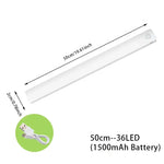 50 cm rechargeable LED light bar labeled “50cm–36LED (1500mAh Battery),” with dimensions and a USB charging cable.