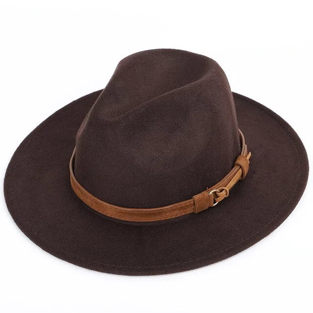 Brown felt fedora-style hat with a wide brim and a tan leather band featuring a small buckle, photographed on a white background.