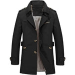 Black trench-style coat with a wide lapel collar, button front, shoulder epaulets, cuff straps, and a zippered chest pocket, shown on a white background with a checkered lining visible inside.