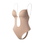 Nude-colored seamless body shaper with molded bra cups, adjustable straps, and a U-shaped cut-out at the front, shown on a white background.