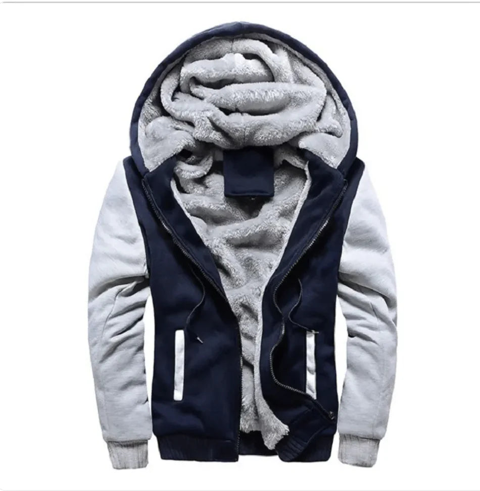 A stylish two-tone hoodie with a navy blue body and red sleeves, featuring a thick, plush gray fleece lining for warmth. The hood is large and lined with the same soft material, and the jacket includes a full-length zipper and two front pockets with red accents. Designed for cold weather comfort.