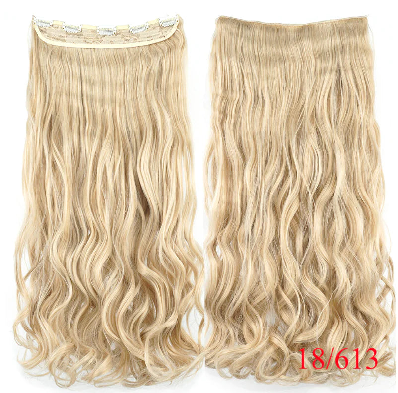 Two long, wavy clip-in hair extension pieces in a light “natural blonde” shade on a white background, shown front and back with the text “Natural Blonde” underneath.