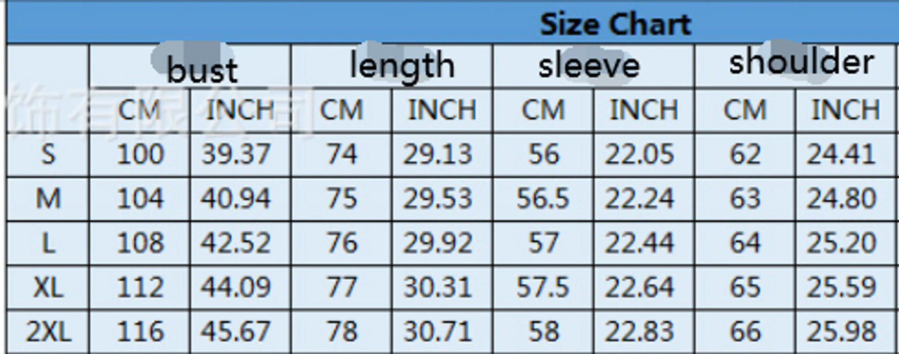 Motorsport Jacket Size Chart